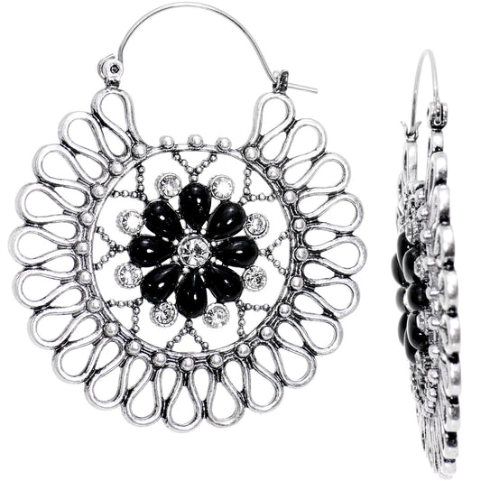 Clear Black Gem Twists and Flowers Tunnel Plug Earrings