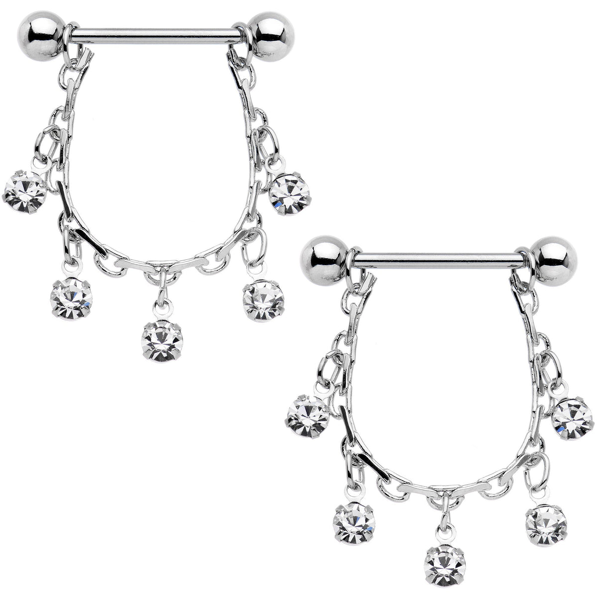 14G 5/8 Clear Gem Chain Drop Dangle Nipple Ring Set