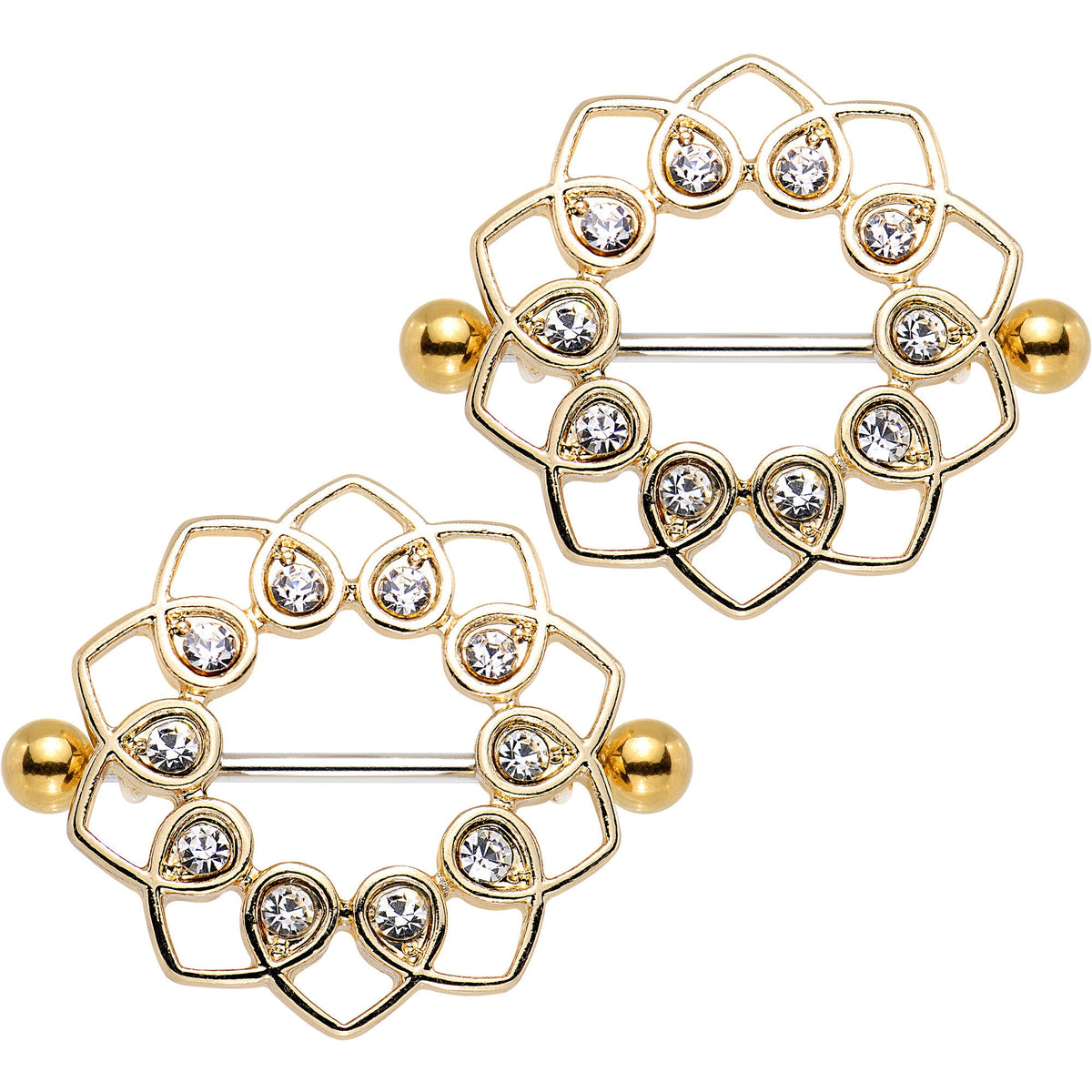 1 inch Clear Gem Gold Anodized Always Angelic Halo Heart Nipple Shield Set