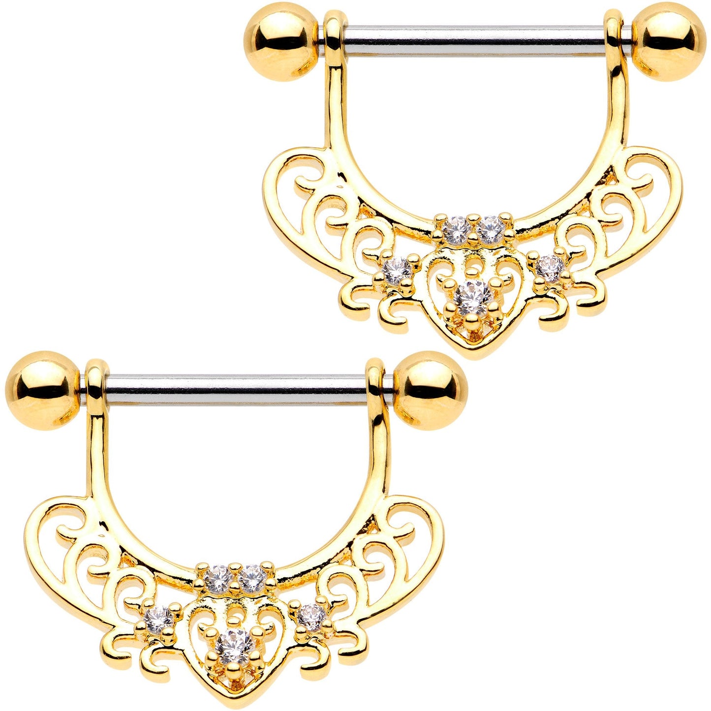 1/2 Clear CZ Gem Gold Tone Mehndi Dangle Nipple Ring Set