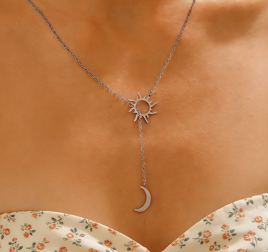 Stainless Steel Sun & Moon Y-Shaped Necklace