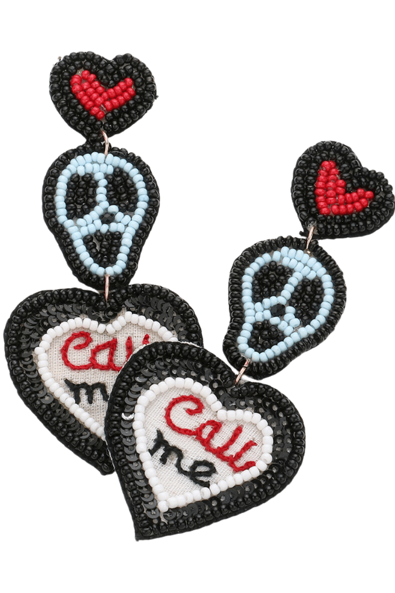 Halloween Beaded Skull Heart "Call Me" Dangle Earrings