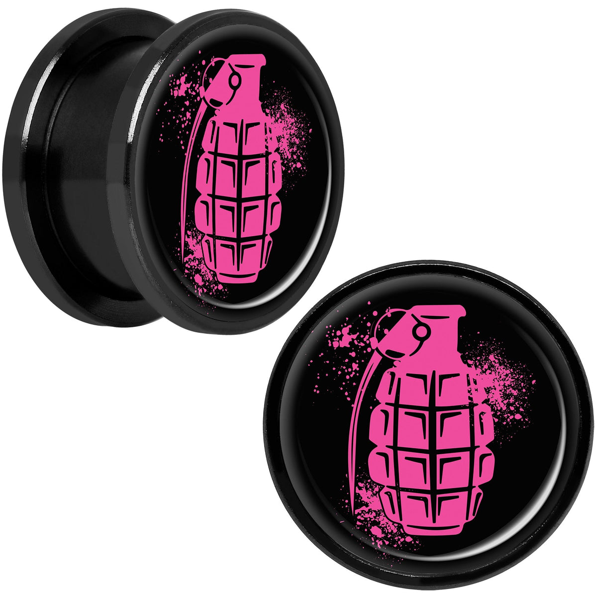Pink Grenade Black Anodized Screw Fit Plug Set 5/8