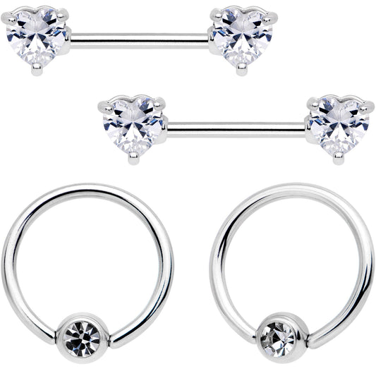 14G 9/16 Clear Gem Heart Captive Ring Barbell Nipple Ring Set