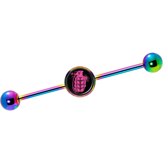 14G Pink Grenade Rainbow Industrial Barbell 37mm
