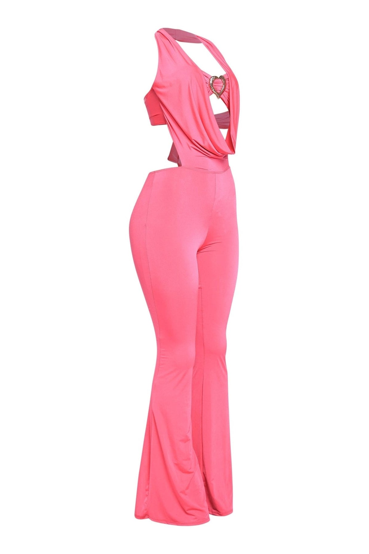Houston Babe Deep Cowl Neck Gold Heart Halter Jumpsuit