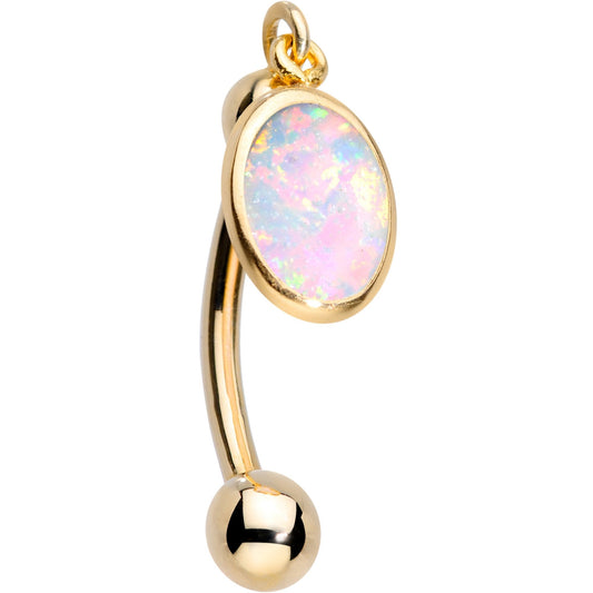 14K Gold Handcrafted White Faux Opal Reversible Dangle Belly Ring