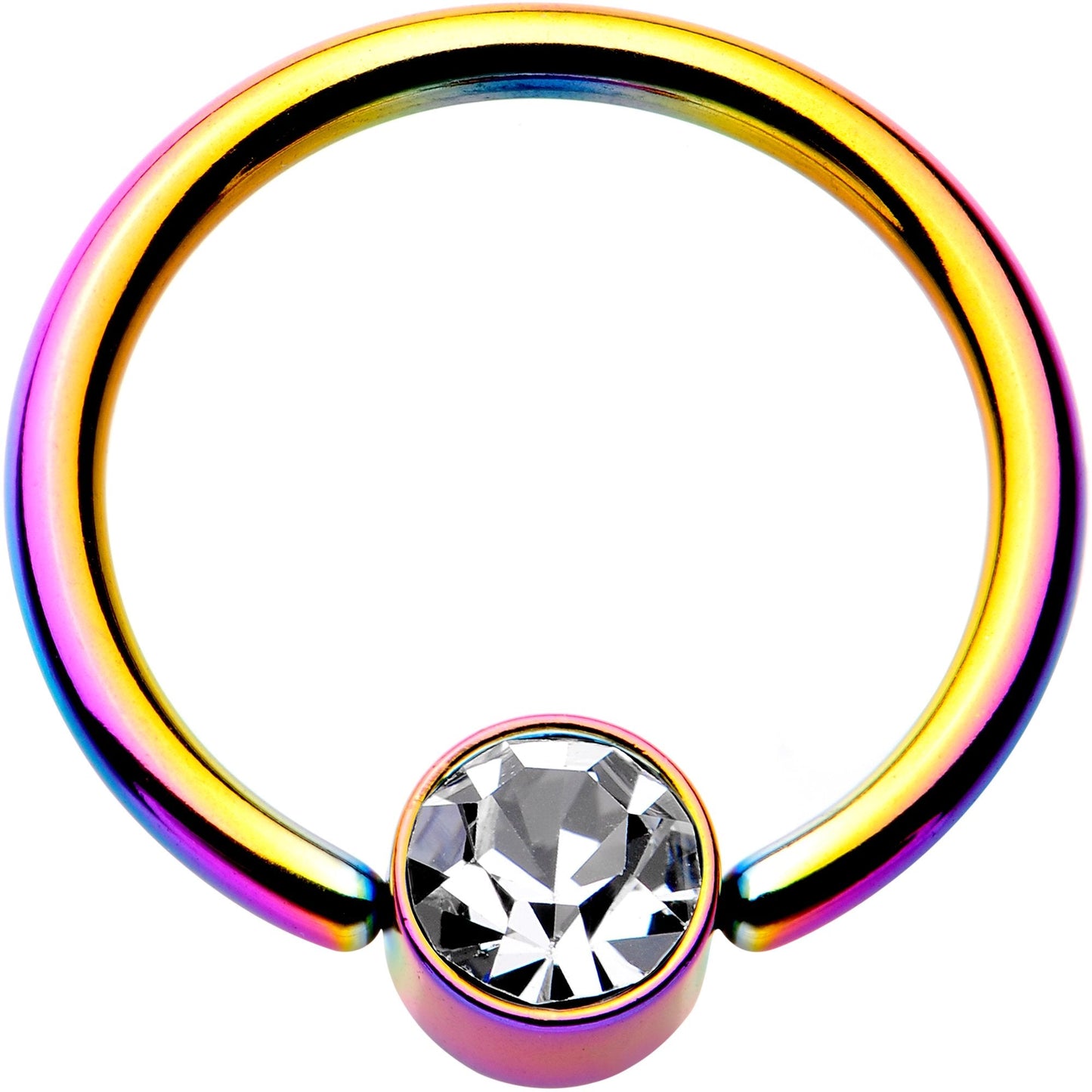 14G 1/2 Clear Gem 5mm Disc Rainbow IP BCR Captive Ring