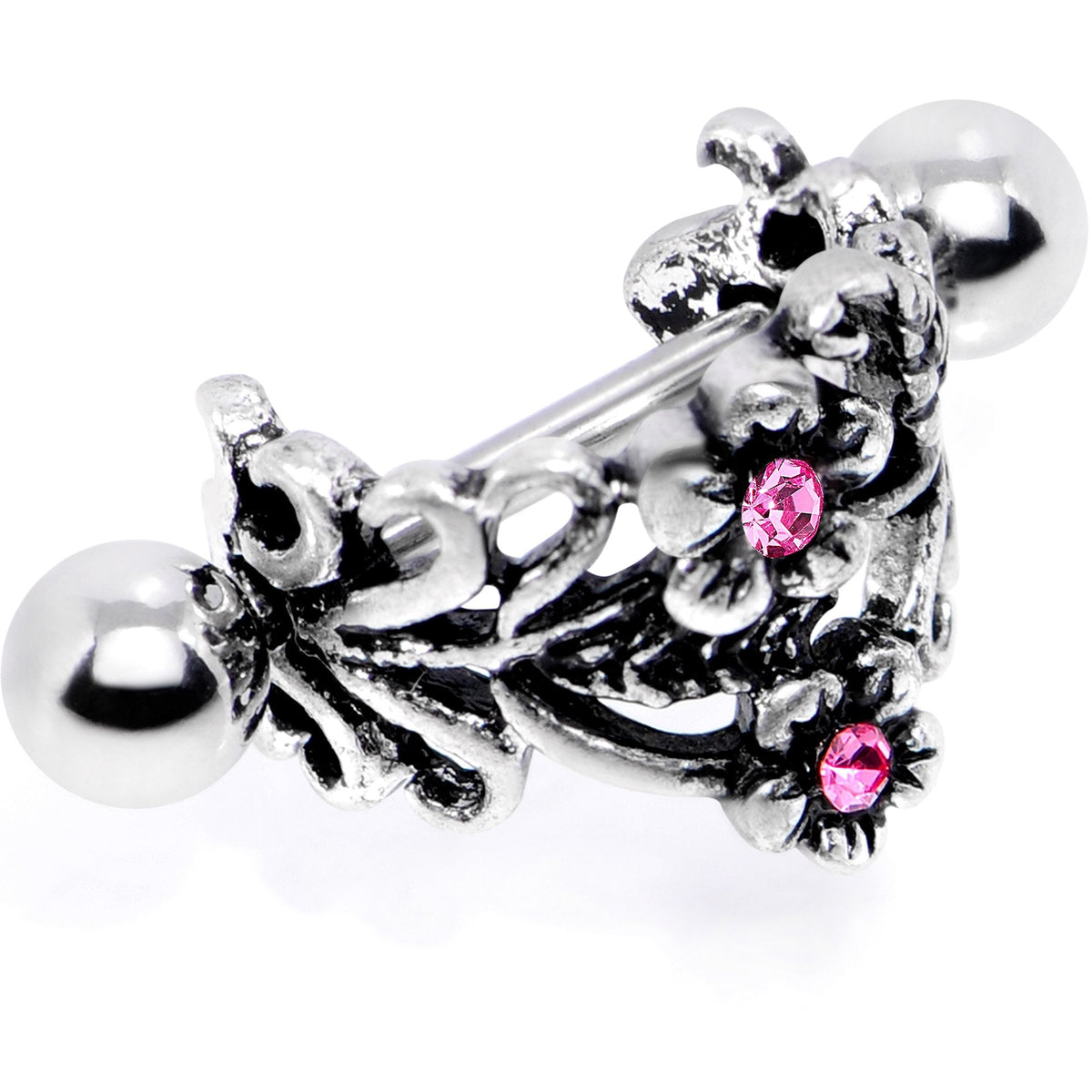 16G 1/2 Pink Gem Double Daisy Flower Cuff Cartilage Earring