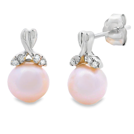 .05ct FW Pearl Diamond Earrings 10KT White Gold