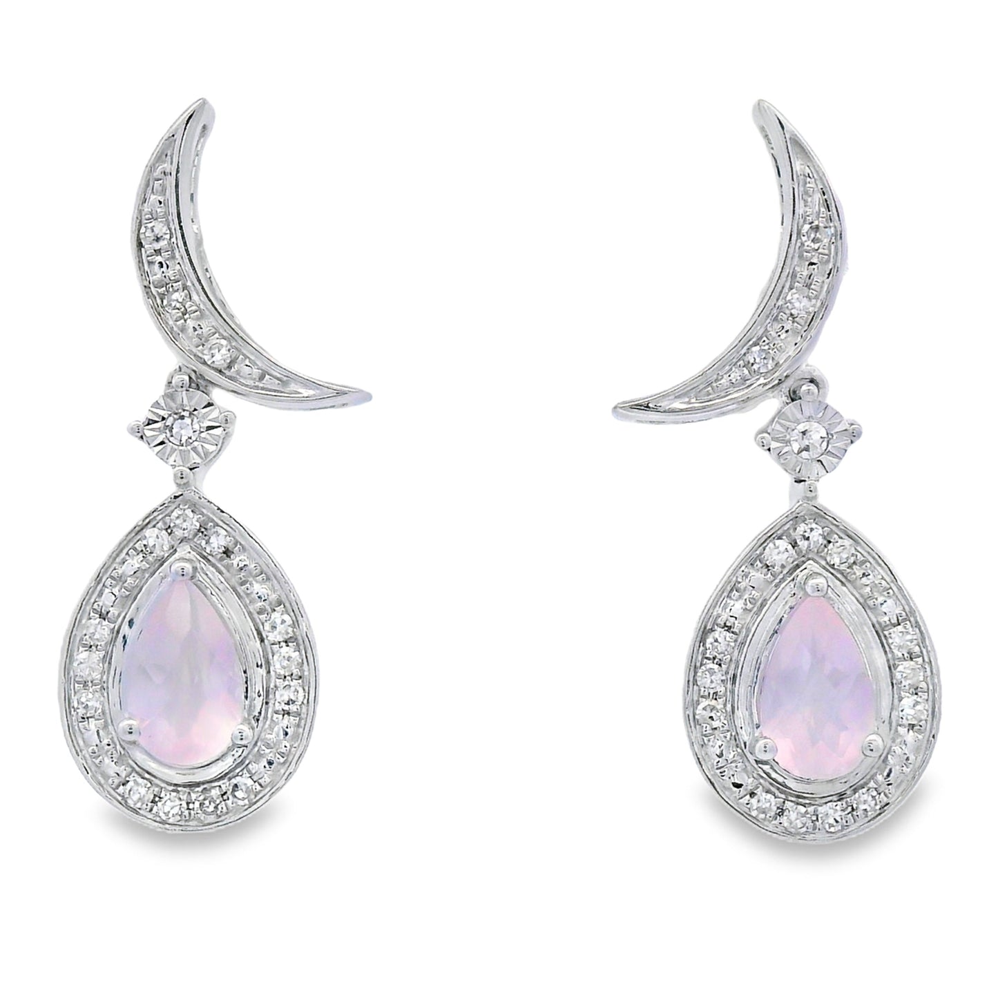 Rose Quartz Diamond Dangle Earrings 10KT White Gold