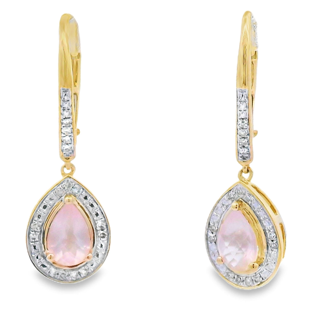 Rose Quartz Diamond Dangle Earrings 10KT Yellow Gold