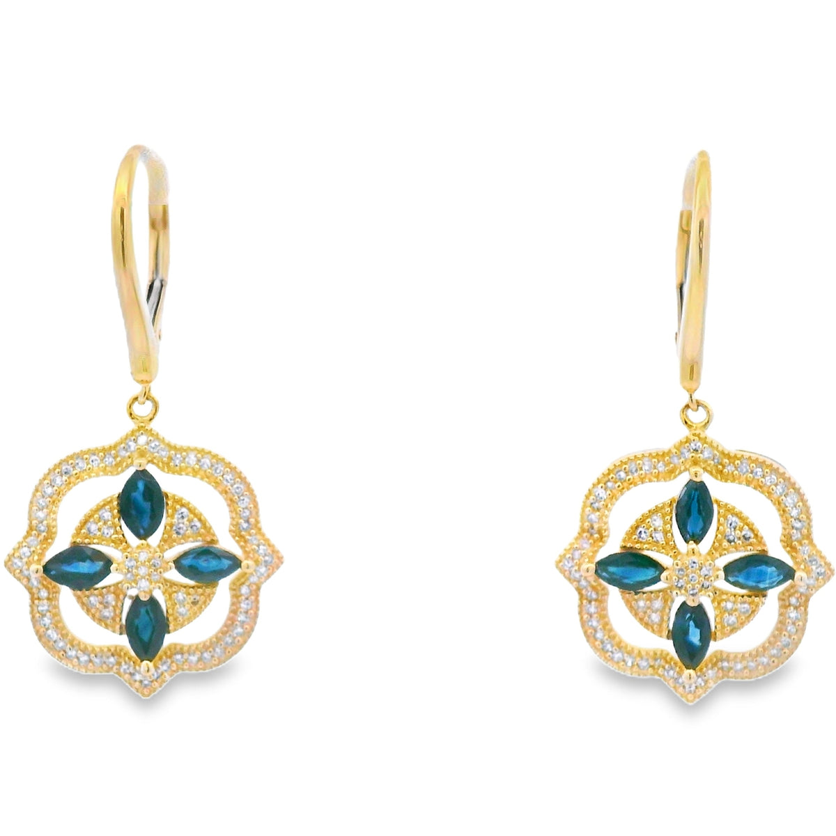 Sapphire Diamond Dangle Earrings 14KT Yellow Gold