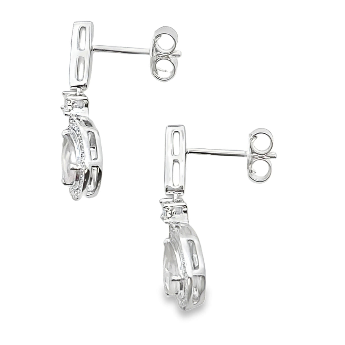 Rose Quartz Diamond Dangle Earrings 10KT White Gold