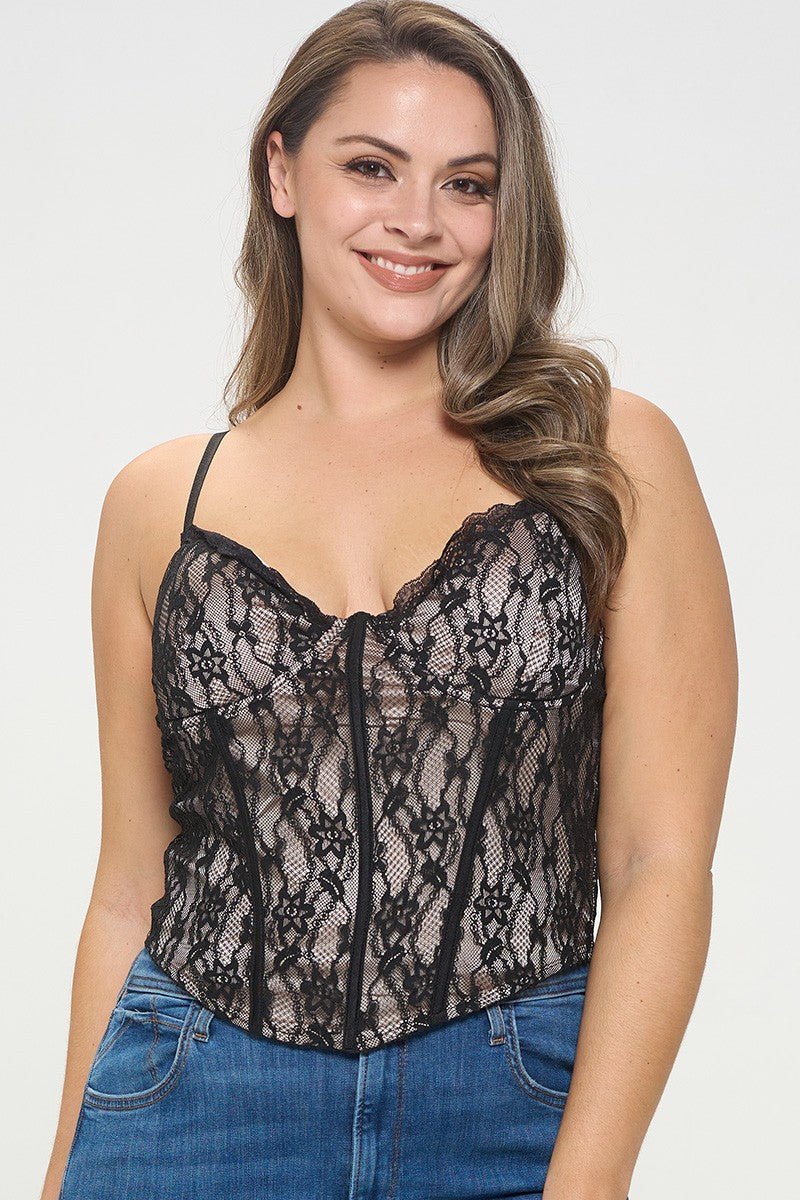 Jackie Plus Size Lace Overlay Corset Top – Adjustable Straps & Zip Back | Chic Night Out