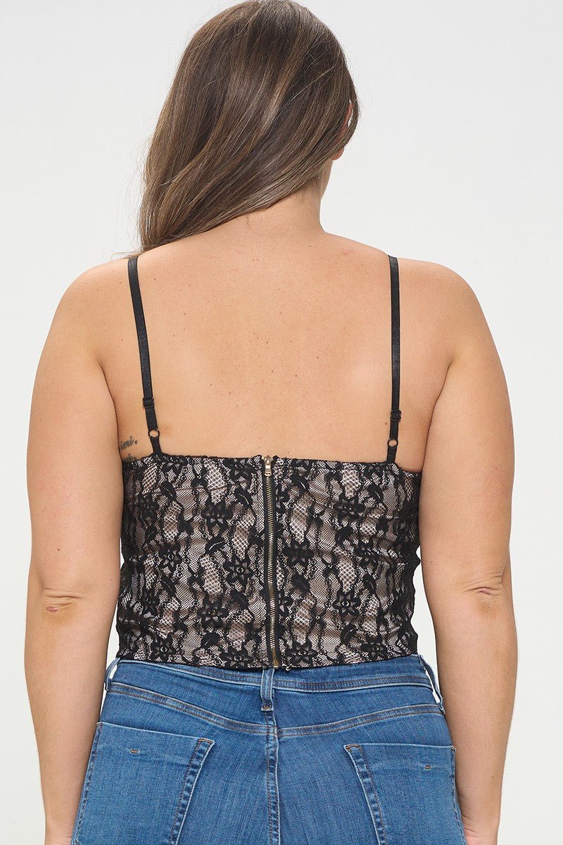 Jackie Plus Size Lace Overlay Corset Top – Adjustable Straps & Zip Back | Chic Night Out