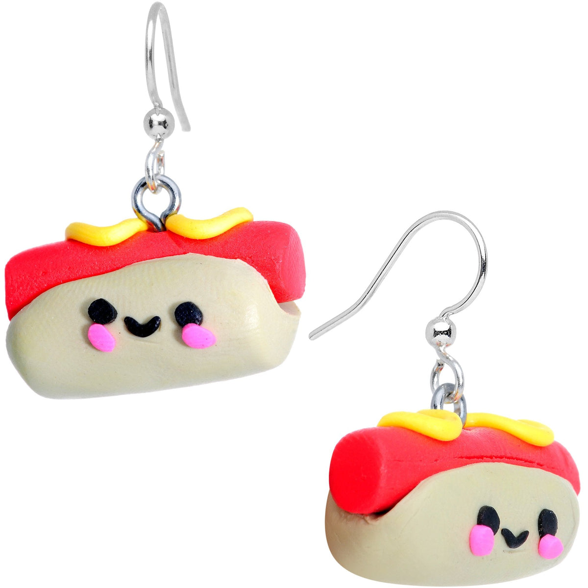 Handcrafted Smiling Hotdog Silver Plated Fishhook Earrings
