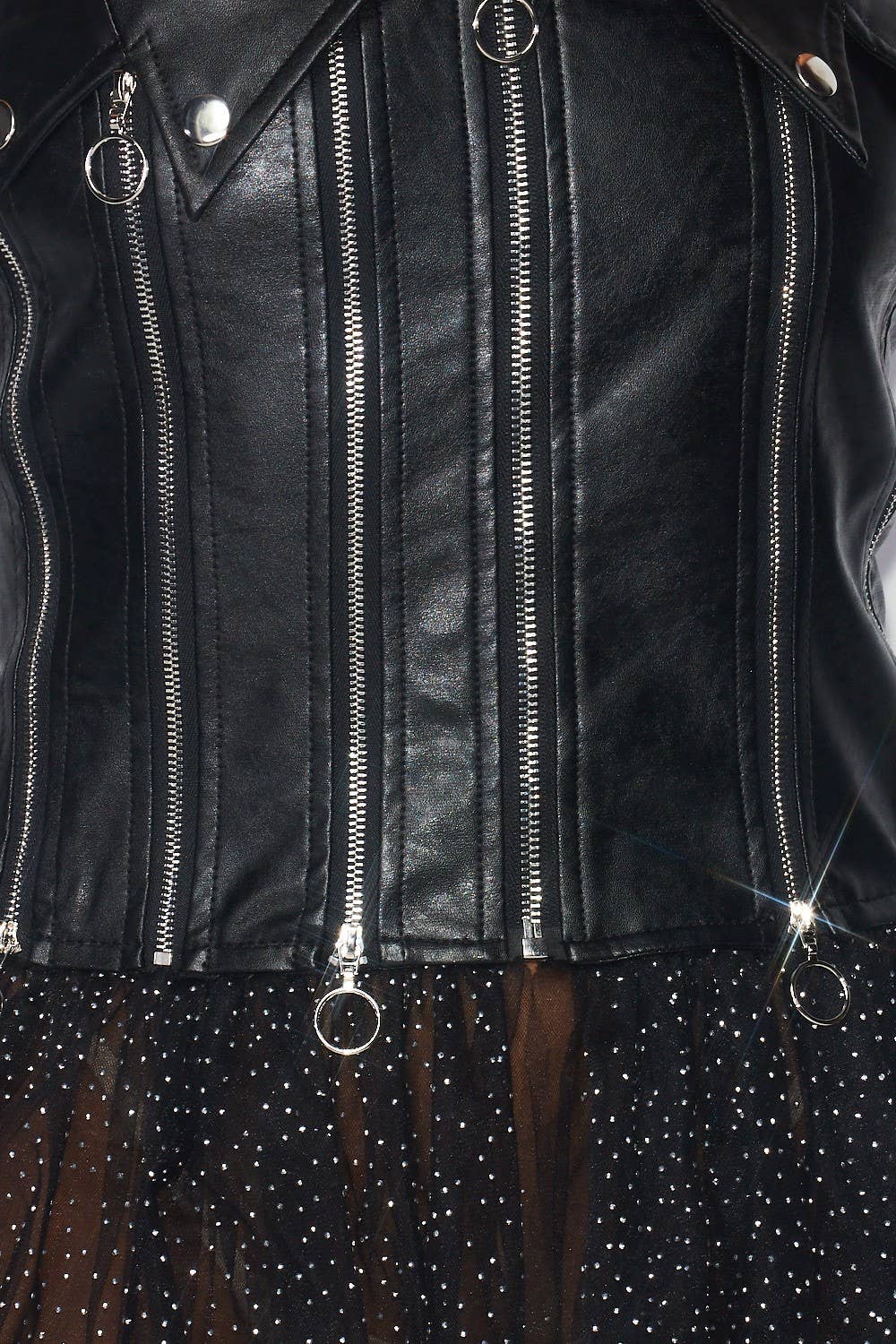 Kayla Contrast Mesh Faux Leather Strapless Tutu Dress | Punk Rock Goth Glam Zipper Dress