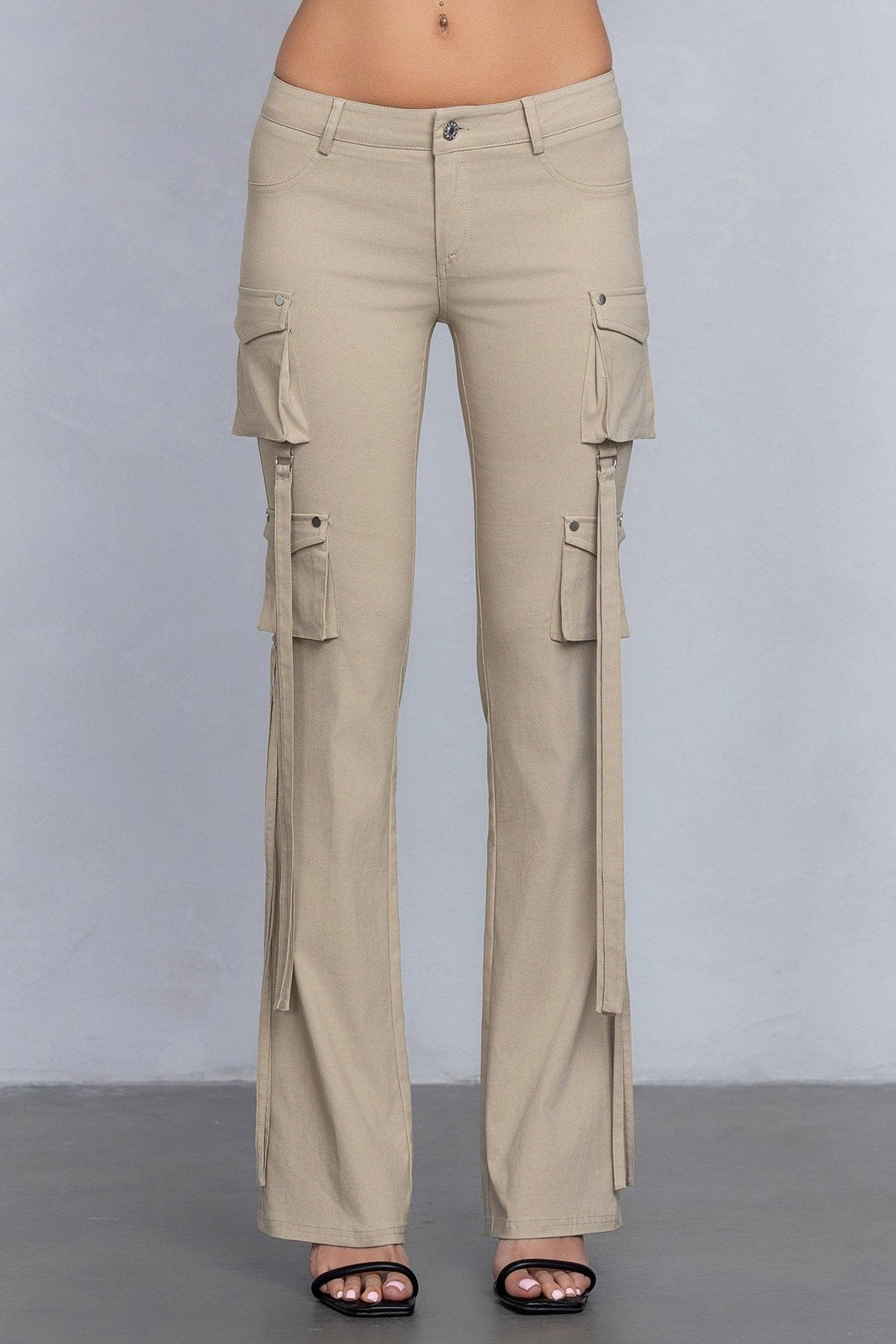 Low Rise Flared Cargo Pants | Stretchy Woven Streetwear with Strap Details