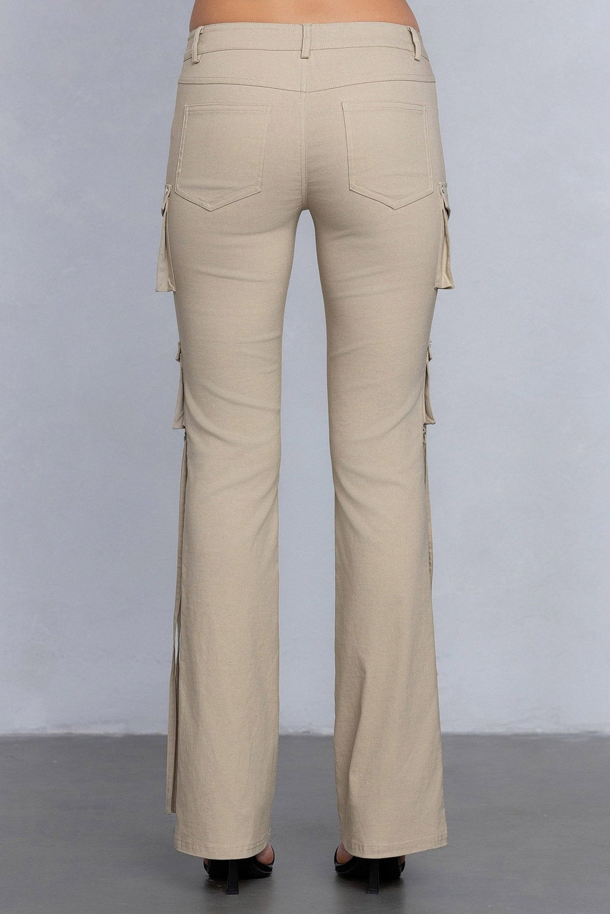 Low Rise Flared Cargo Pants | Stretchy Woven Streetwear with Strap Details