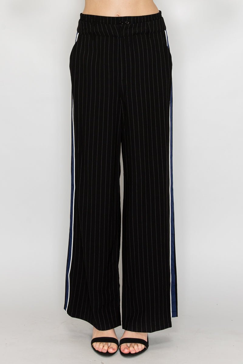 Luxurious Wide-Leg Striped Pants with Contrast Trim and Relaxed Double-Waistband Design