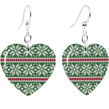 Green Red Christmas Sweater Heart Fishhook Dangle Earrings