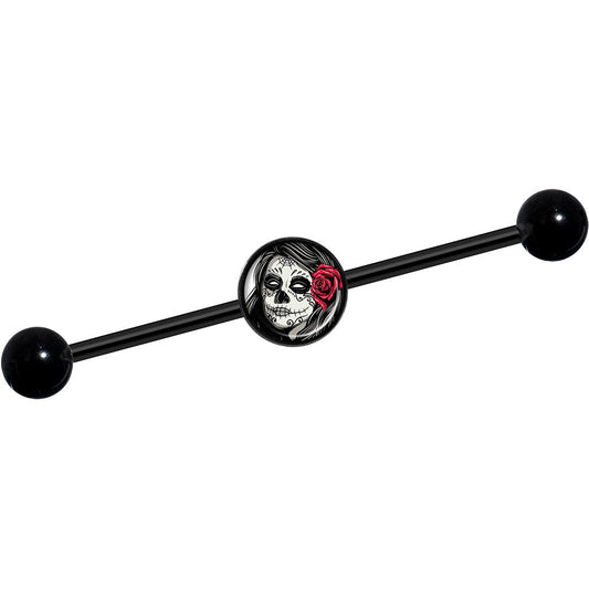 14G Katrina Sugar Skull with Rose Flower Black Industrial Barbell 37mm