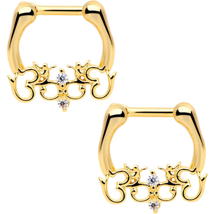 1/4 Clear CZ Gem Gold Tone Anodized Angel Swirl Nipple Clicker Set
