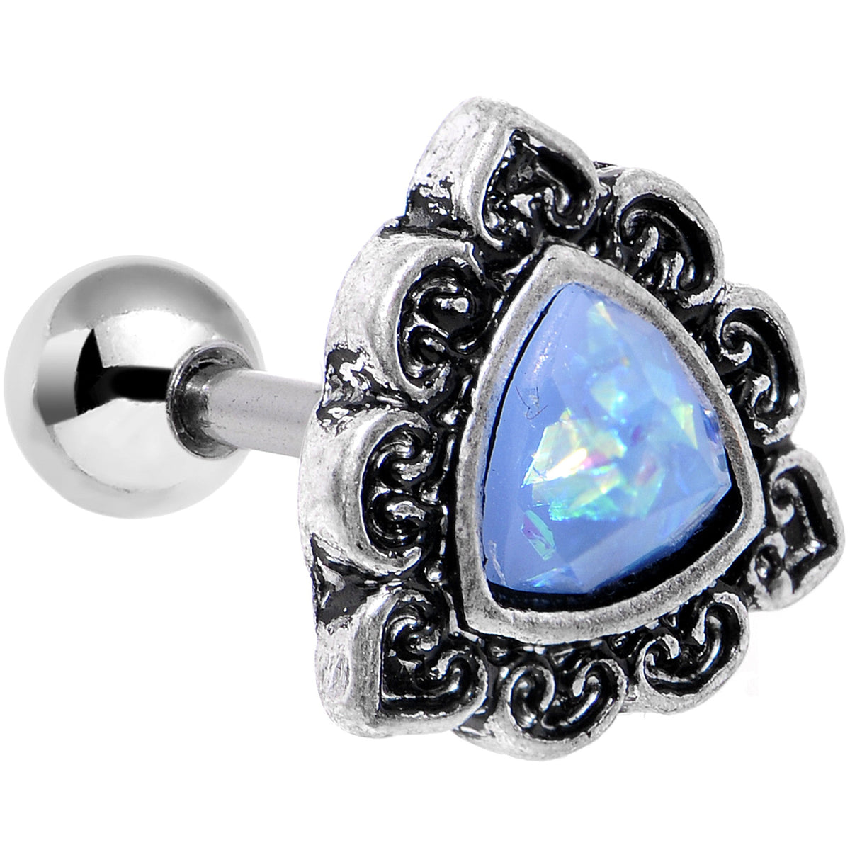 16G Iridescent Blue Faux Opal Ornate Tragus Cartilage Earring
