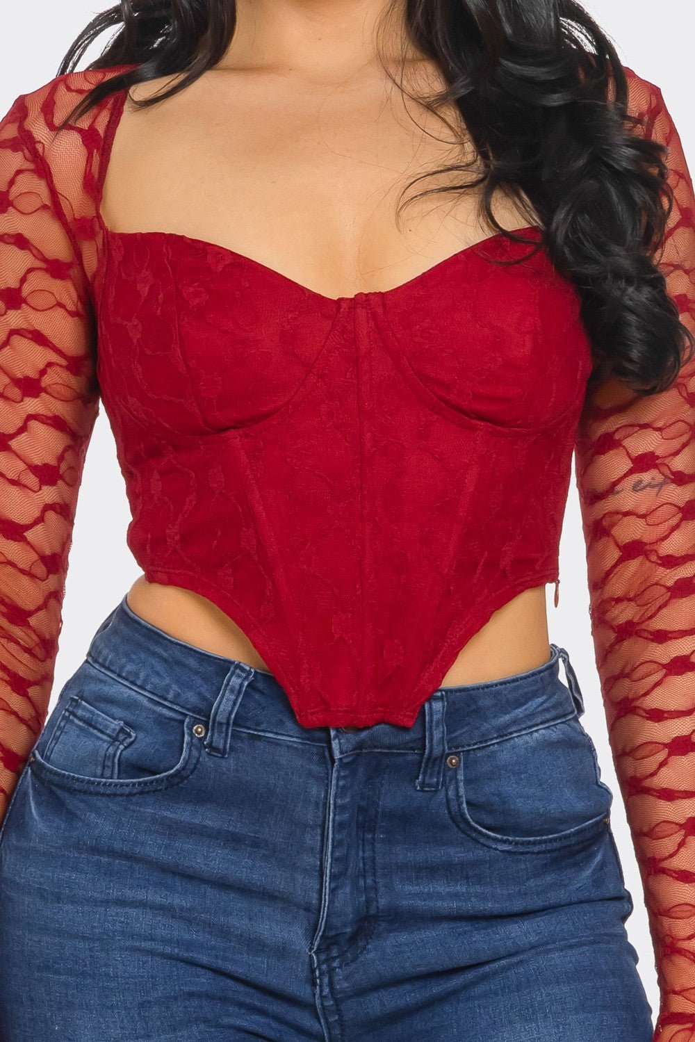 Marissa Long Sleeve Laced Crop Top Bustier with Adjustable Fit and Elegant Lace Detailing