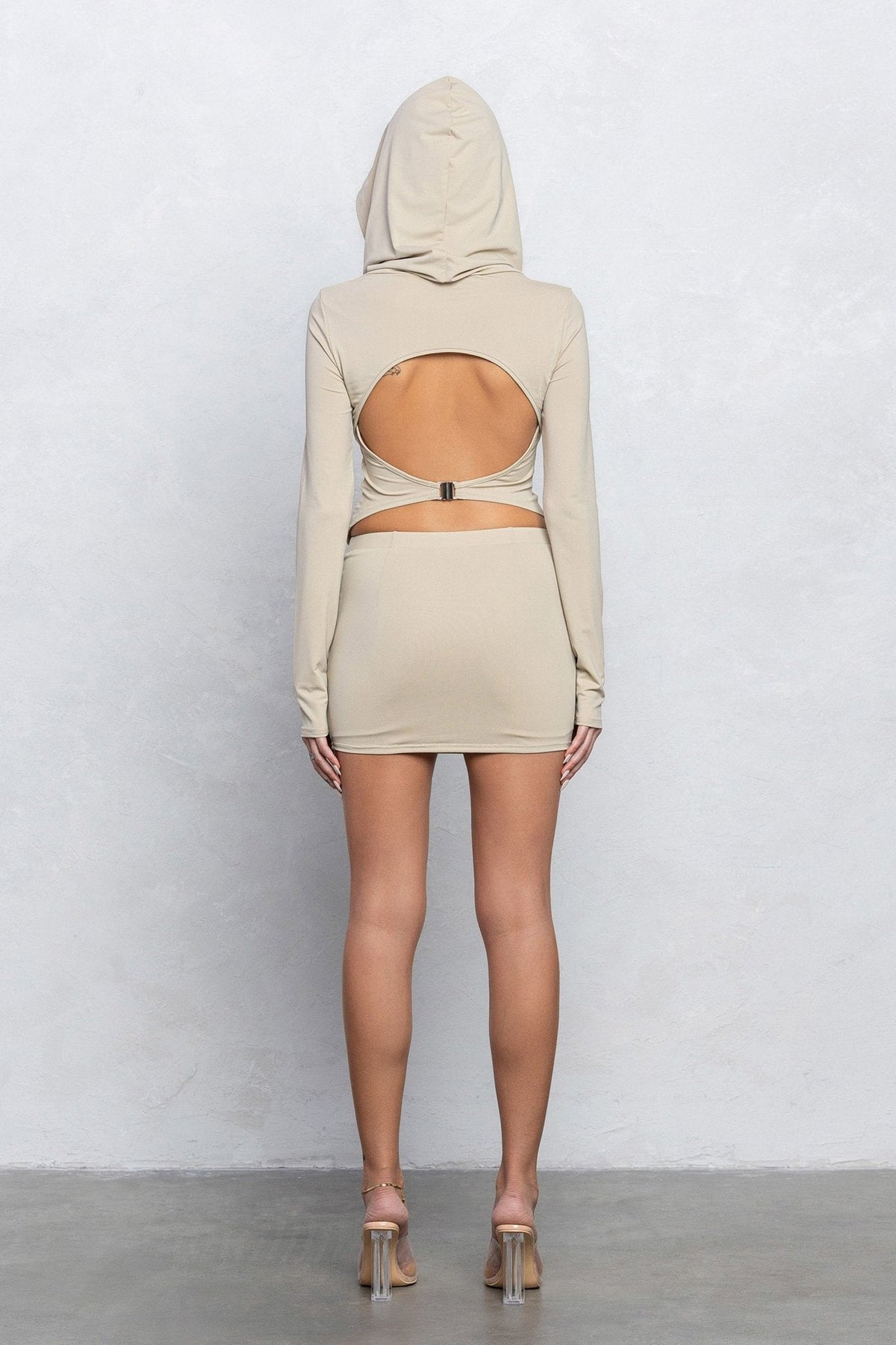 Marlin Heavy Nylon Hooded Cowl Top & Mini Skirt Set | Back Cut-Out Trendy Party Look