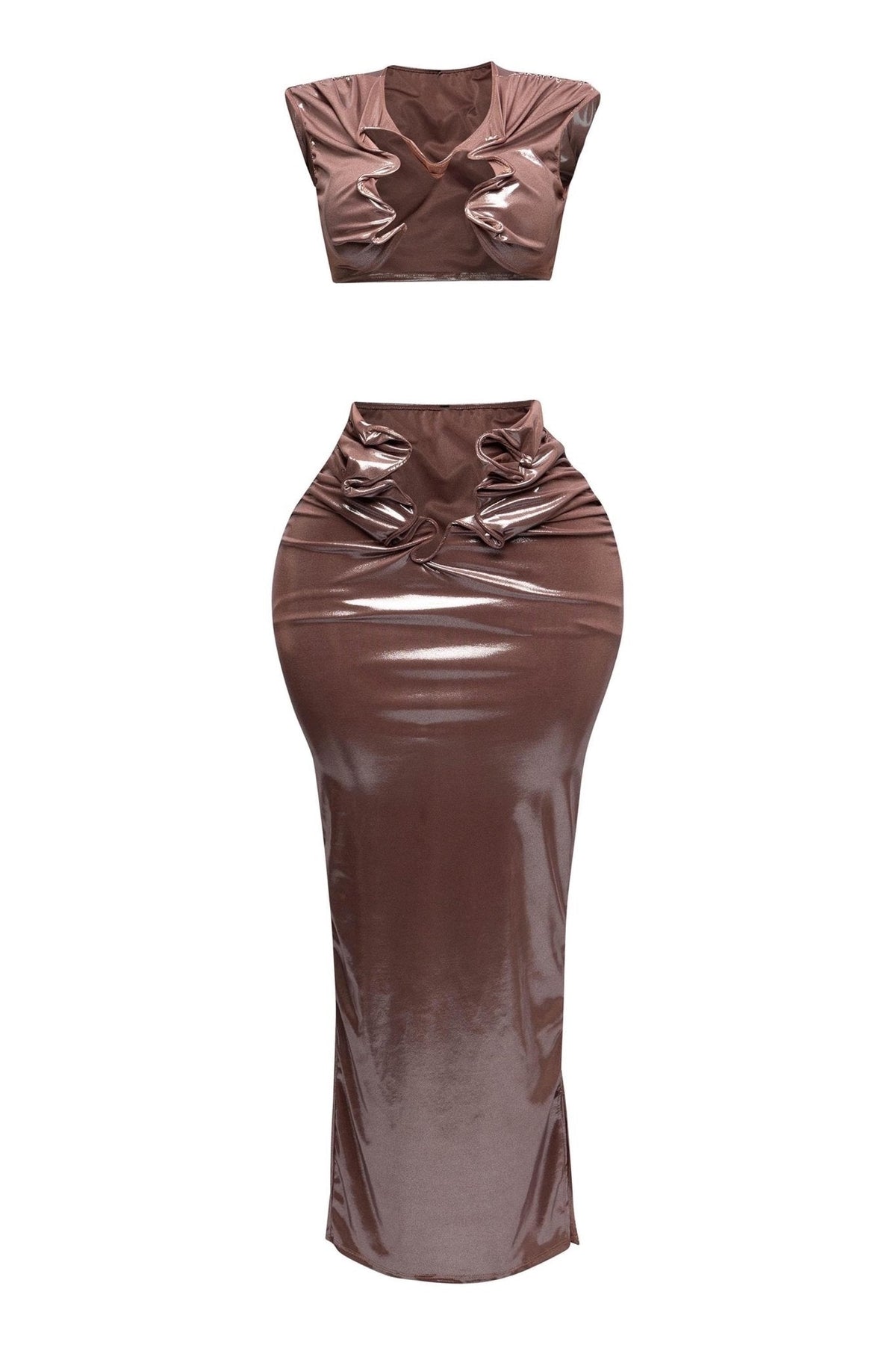 Starlust Metallic Foil Crop Top & Maxi Skirt  Set – Two Piece Outfit