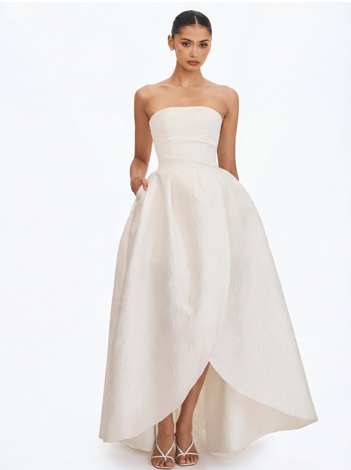 Tomika Ivory Jacquard Dipped Hem Wedding Gown (PREORDER)