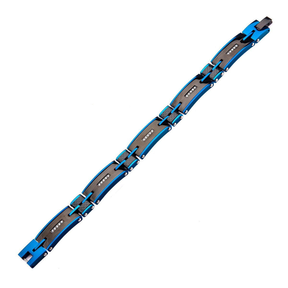 Mens Stainless Steel Solid Carbon Graphite and Blue IP with Clear CZ Gem Link Bracelet