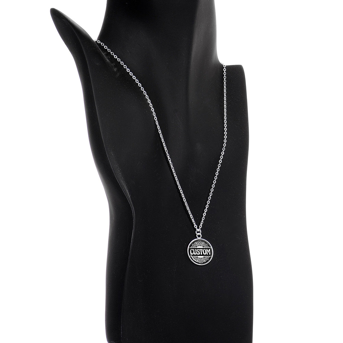 Custom Black Mandala Personalized Name Silver Plated Chain Necklace