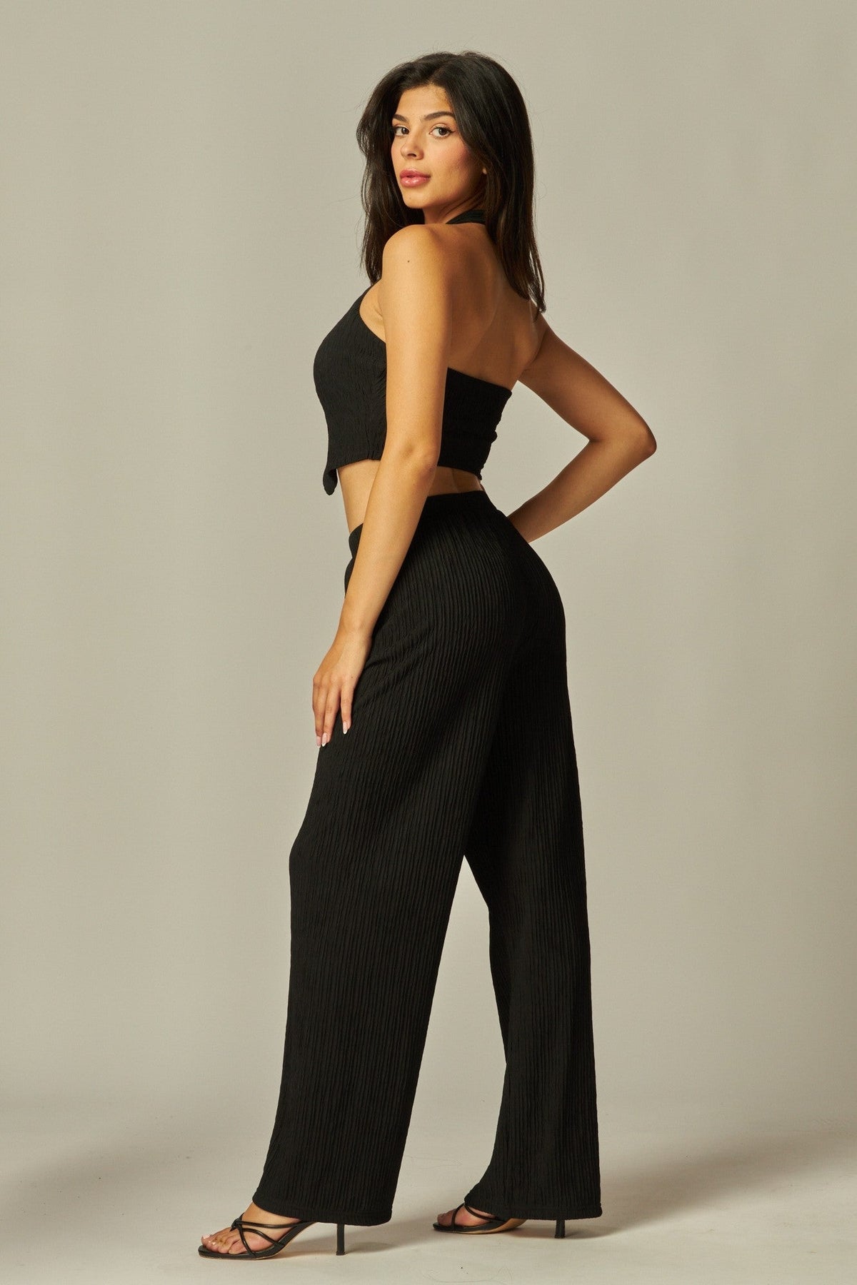 Noir Crinkled Plissé Halter Vest & Wide-Leg Pant Set