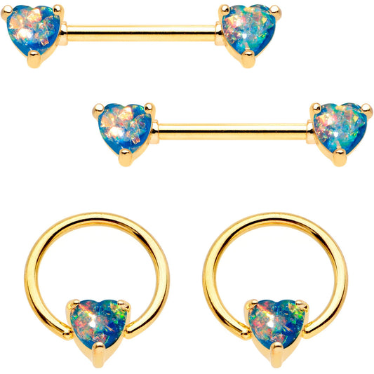 14G Blue Faux Opal Heart Captive Ring Barbell Nipple Ring Set