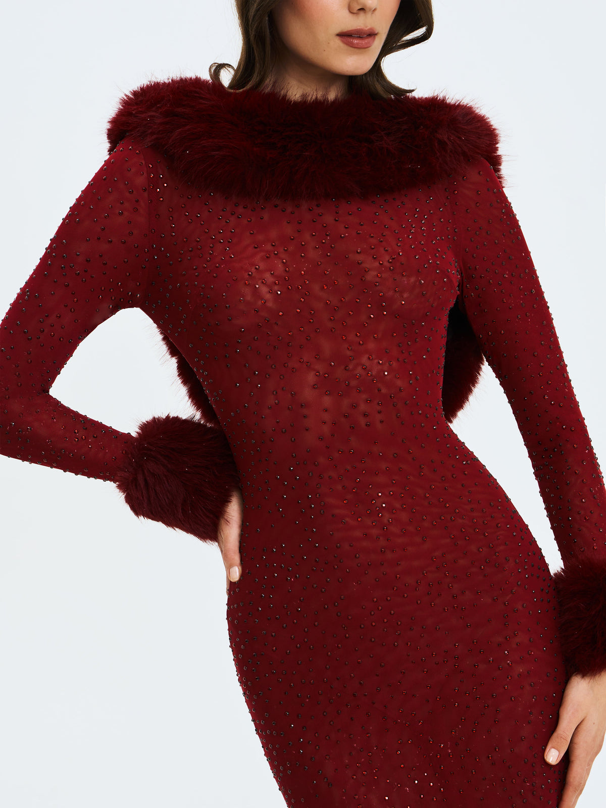 Melrose Burgundy Petite-Length Rhinestone Mesh Low Back Mermaid Gown