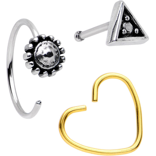 20G Knickknacks Trinkets Nose Bone Heart Closure Ring Pack Set of 3