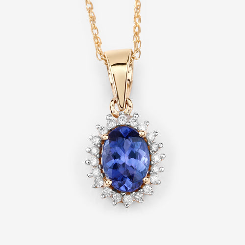 0.86 Carat Genuine Tanzanite and White Diamond 14K Yellow Gold Pendant
