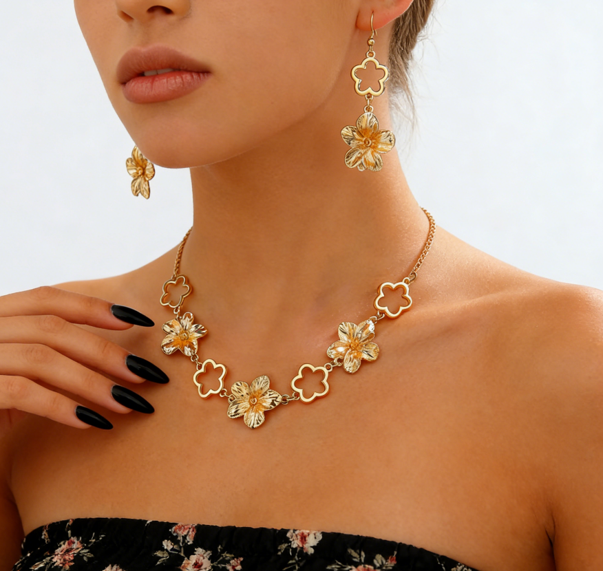 Elegant Hollow Flower Bracelet & Earrings Set