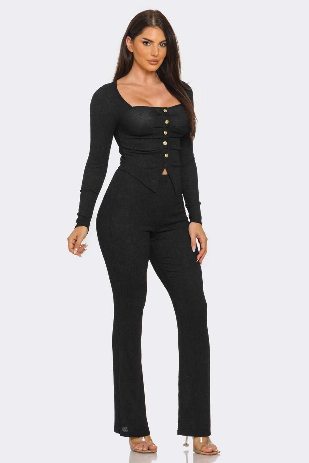 Pleated Button Detail Slit Top & Pants Set – Women’s Two Piece Outfit