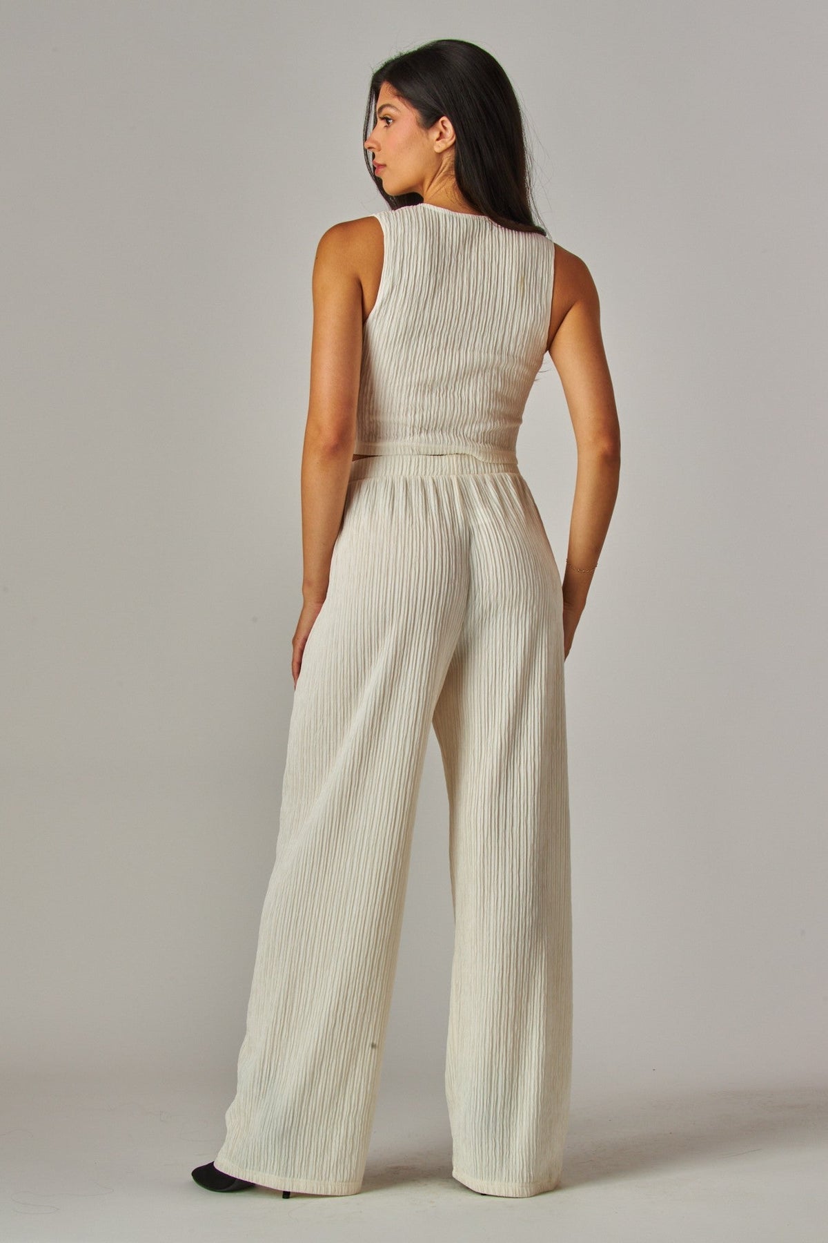 Plissé Waistcoat Top & Wide-Leg Pant Set – Chic Brunch, Work & Travel Outfit for Women