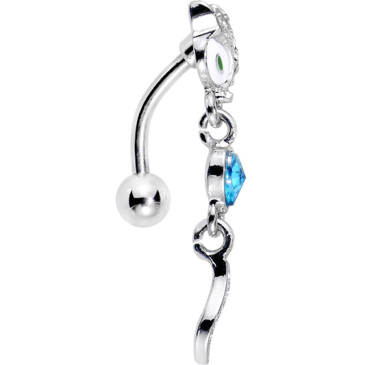 Blue Gem Heart Fierce Fox Head Top Mount Dangle Belly Ring