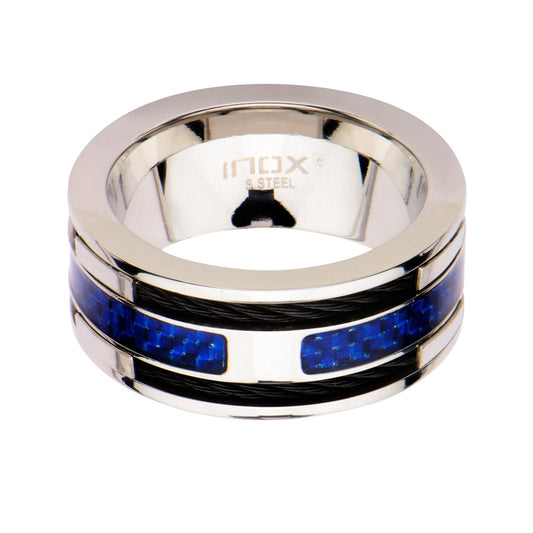Mens Blue Carbon Fiber with Black Cable Steel Inlayed Stainless Steel Ring
