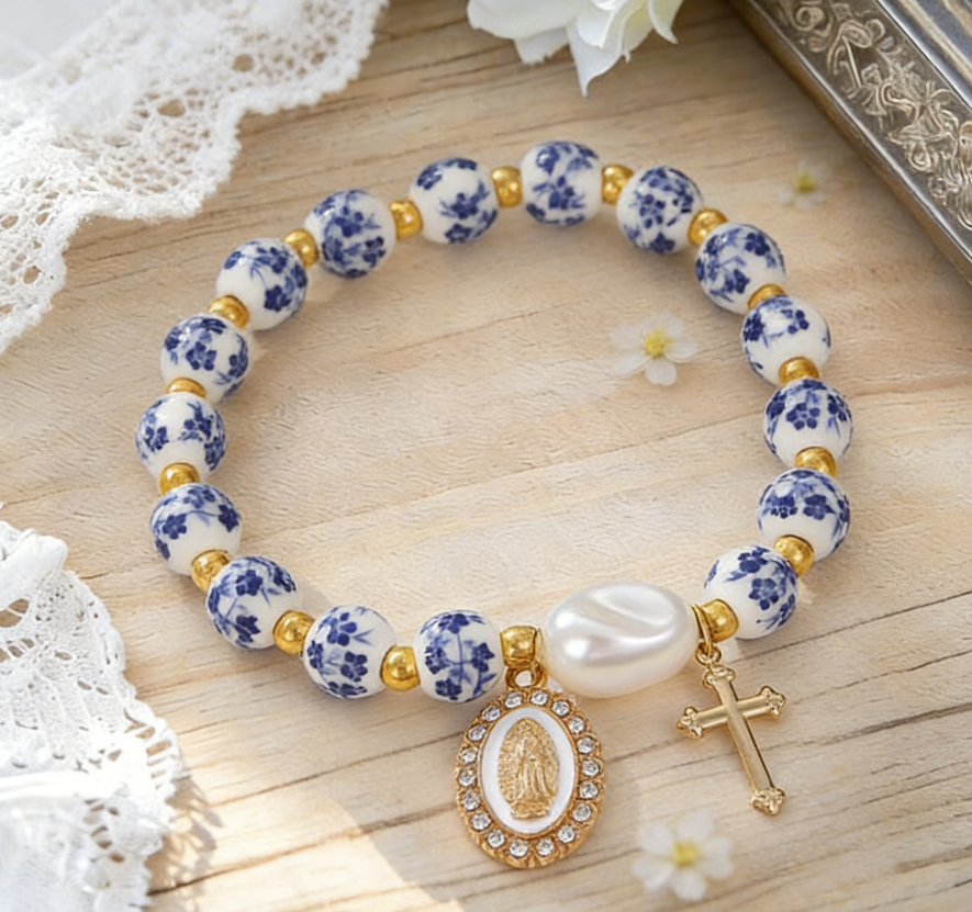Blue and White Porcelain MAMA Beaded Bracelet