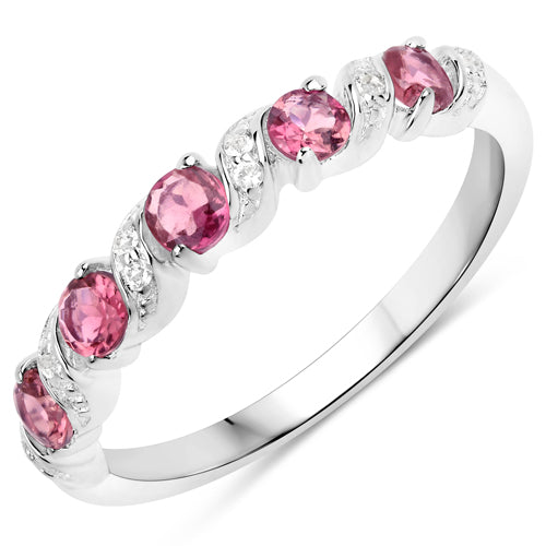 0.64 Carat Genuine Pink Tourmaline and White Topaz .925 Sterling Silver Ring