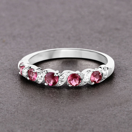 0.64 Carat Genuine Pink Tourmaline and White Topaz .925 Sterling Silver Ring
