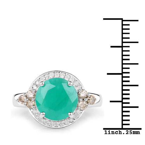3.51 Carat Genuine Emerald, Champagne Diamond and White Diamond .925 Sterling Silver Ring