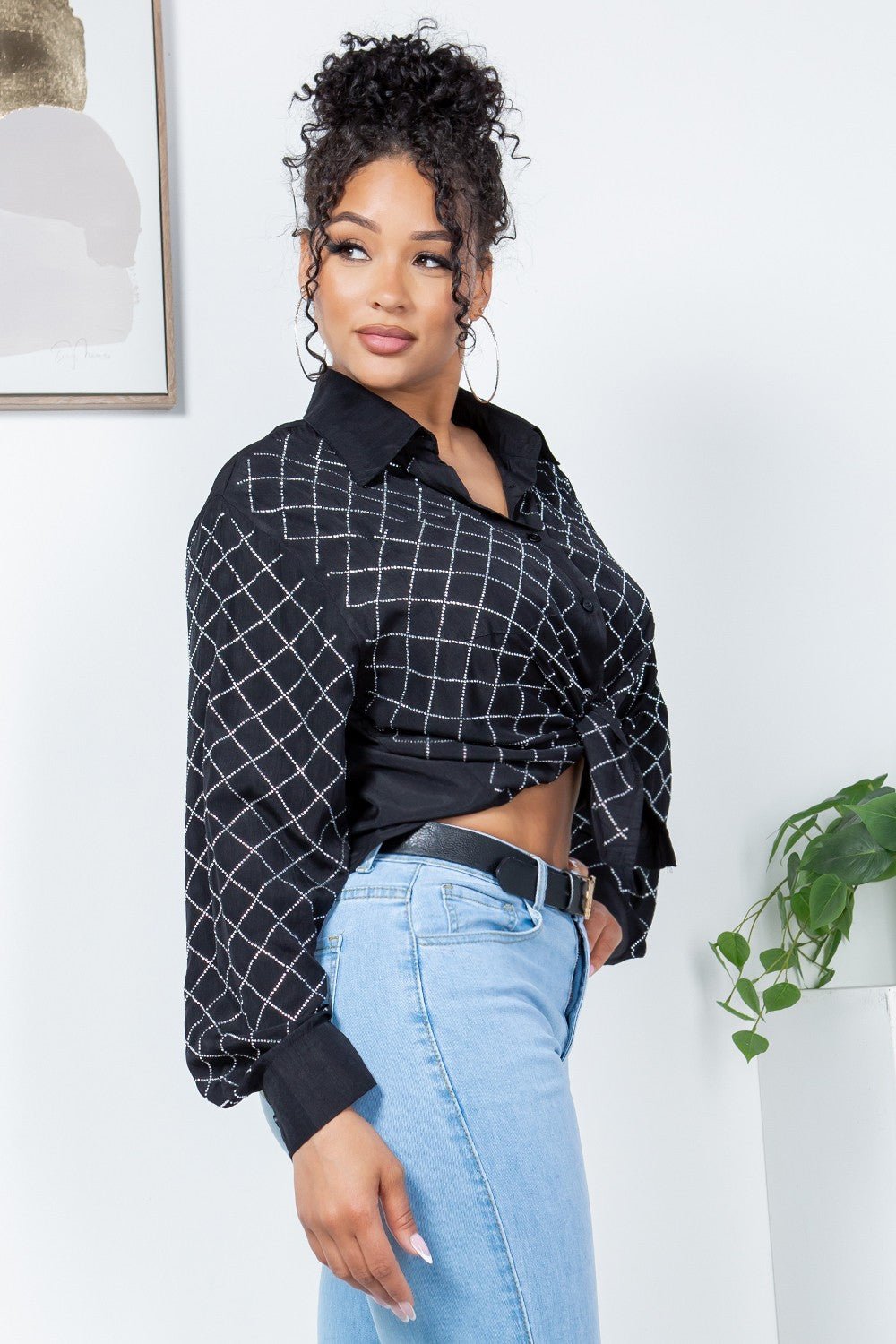 Rhinestone Button-Up Shirt Blouse – Effortless Glam Meets Everyday Comfort